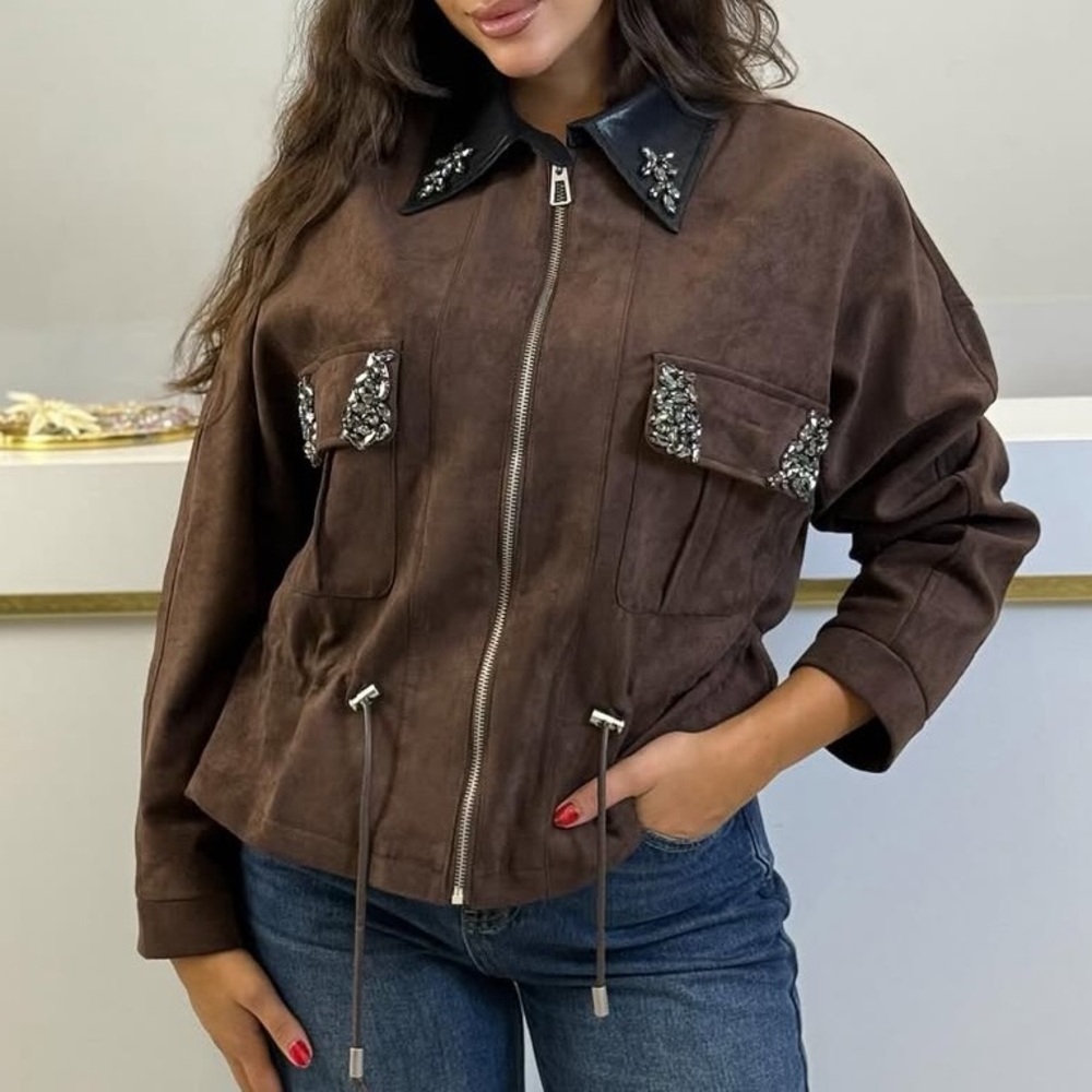 Brown Suede Women's Jacket with Black Collar